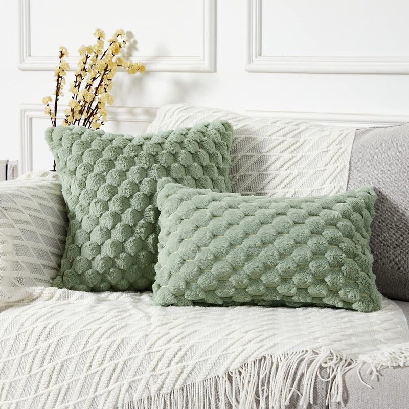 Yaertun Pack of 2 Super Soft Cozy Lumbar Decorative Throw pillow covers Fuzzy Plush Faux Fur Luxury Cushion Cover Pillowcase for Sofa Couch Bed Livingroom 12x20 Inch Sage Green - Image 2